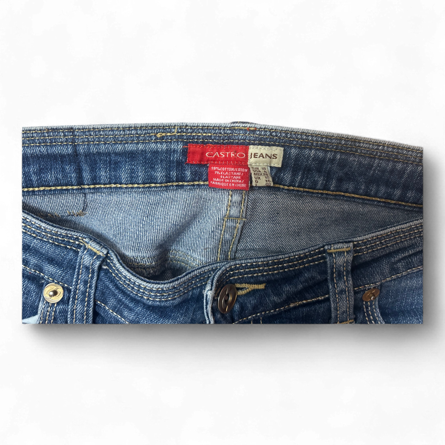 Castro Skinny Jeans Gr 38 Stretch Denim Dunkelblau Zipper Saum Gold Logo Patch