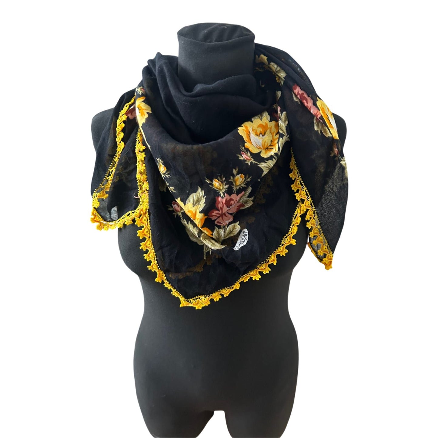GökkuSagi Dreieckstuch Schal Damen Blumen Schwarz Gelbe Spitze Baumwollmix