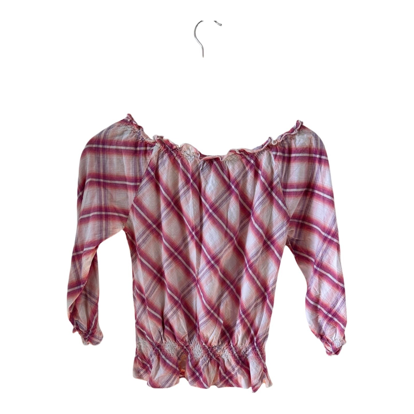 Sisters Point Bluse S Karo Carmen rosa weiß Baumwolle Smok Volant Vintage Style Top