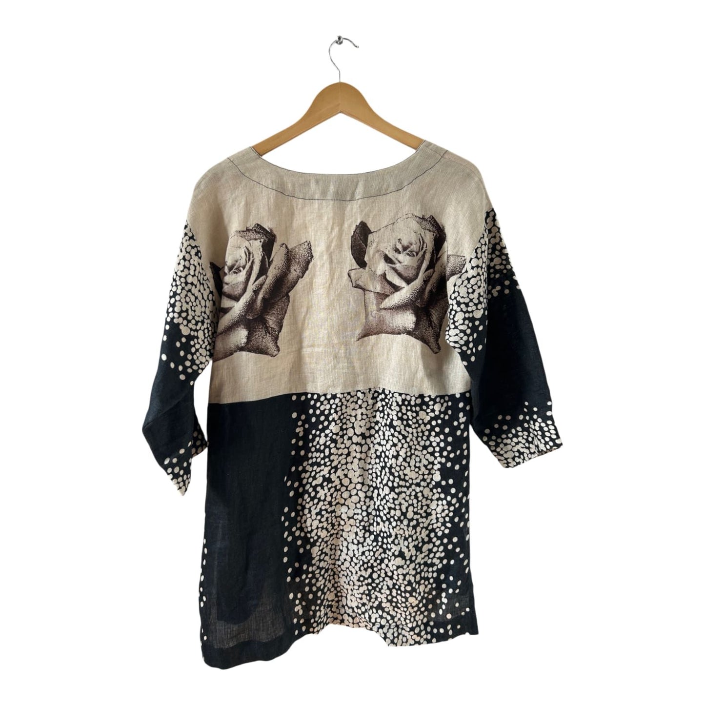 Wunderschöne Leinenbluse mit Rosenmuster Tunika Look XL Leinen Natur Boho