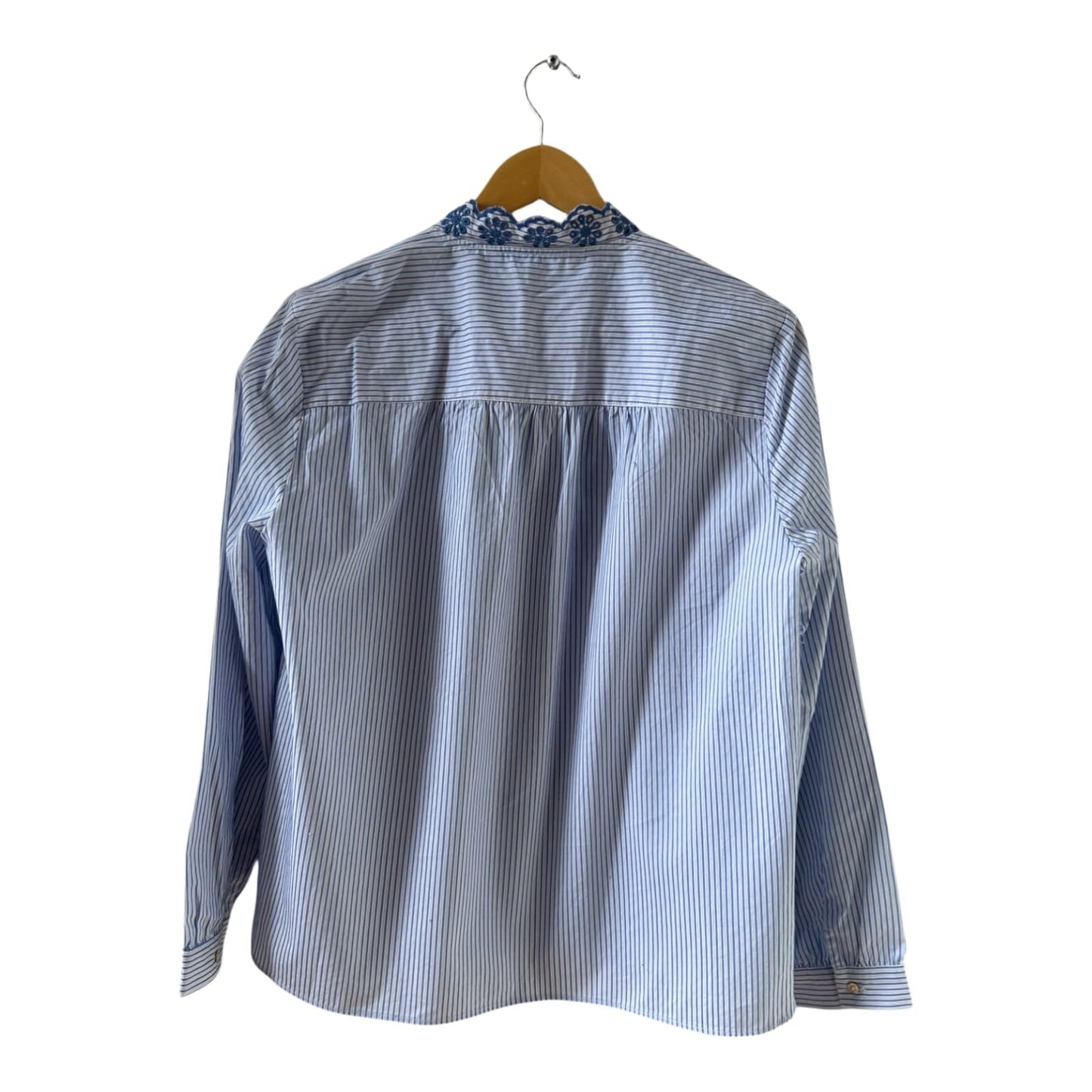 Zara Woman Bluse Gr M Blau Weiß Streifen Stickerei Baumwolle elegant Boho