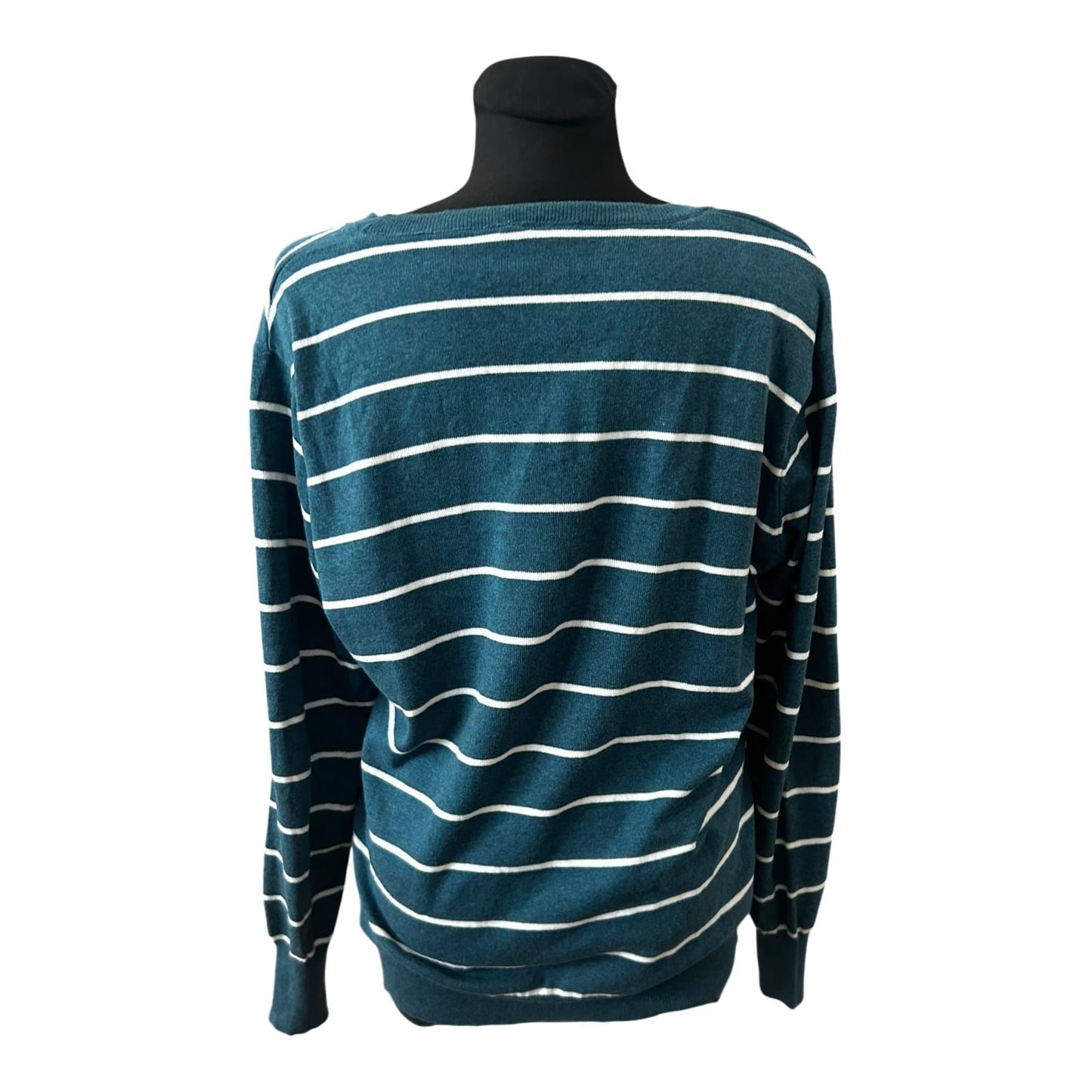 Yessica Damen Pullover XL Petrol Weiss Gestreift V Ausschnitt Feinstrick