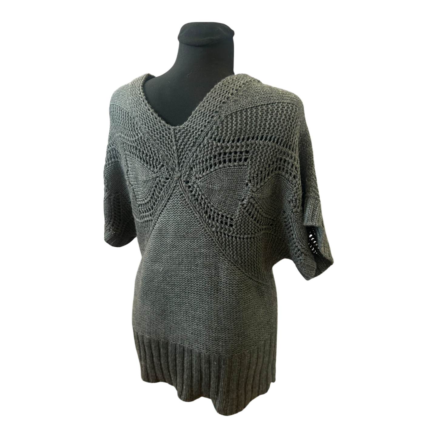 Yessica Damen Strickpullover Grau Grobstrick V Ausschnitt Kurzarm Gr L