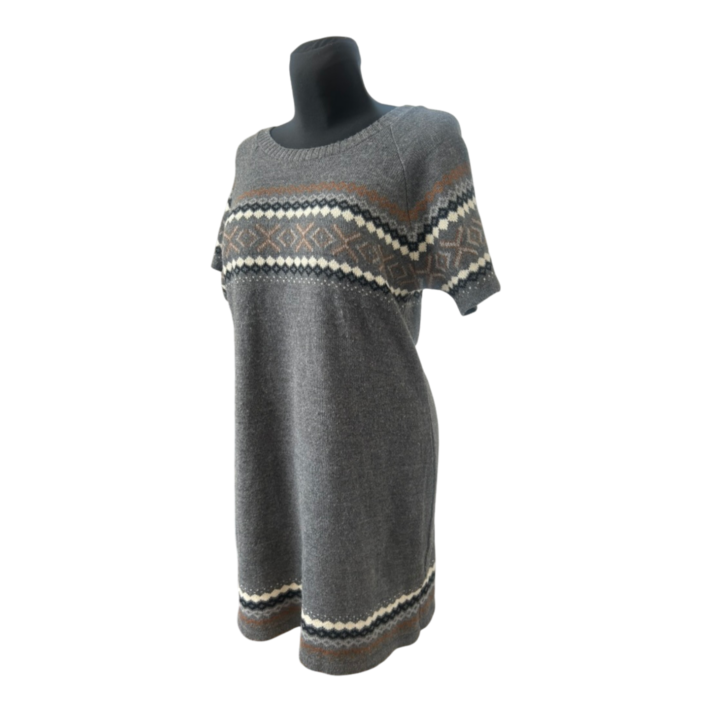 Gina Benotti Strickkleid Damen Gr. 46 Grau Norwegermuster Kurzarm Winterkleid