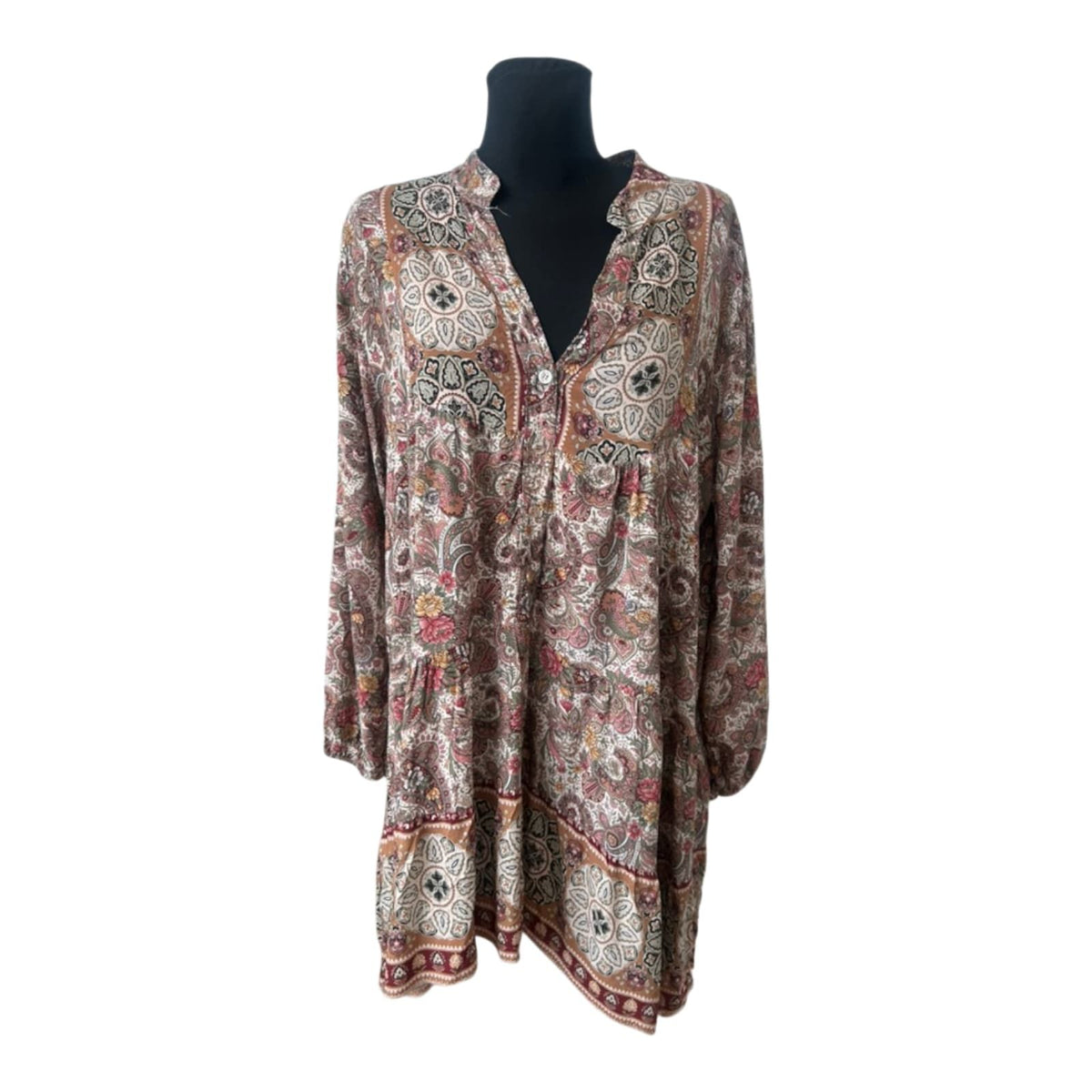 Zone One Damen Kleid Gr. 48 Paisley Boho Tunika Langarm Beige Braun Oversize