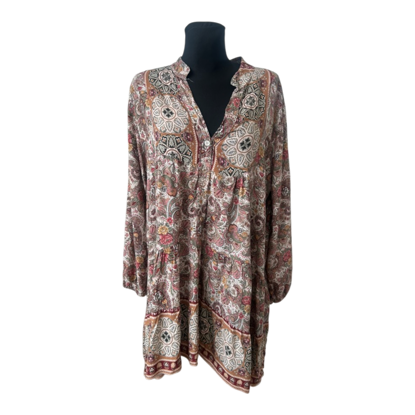 Zone One Damen Kleid Gr. 48 Paisley Boho Tunika Langarm Beige Braun Oversize