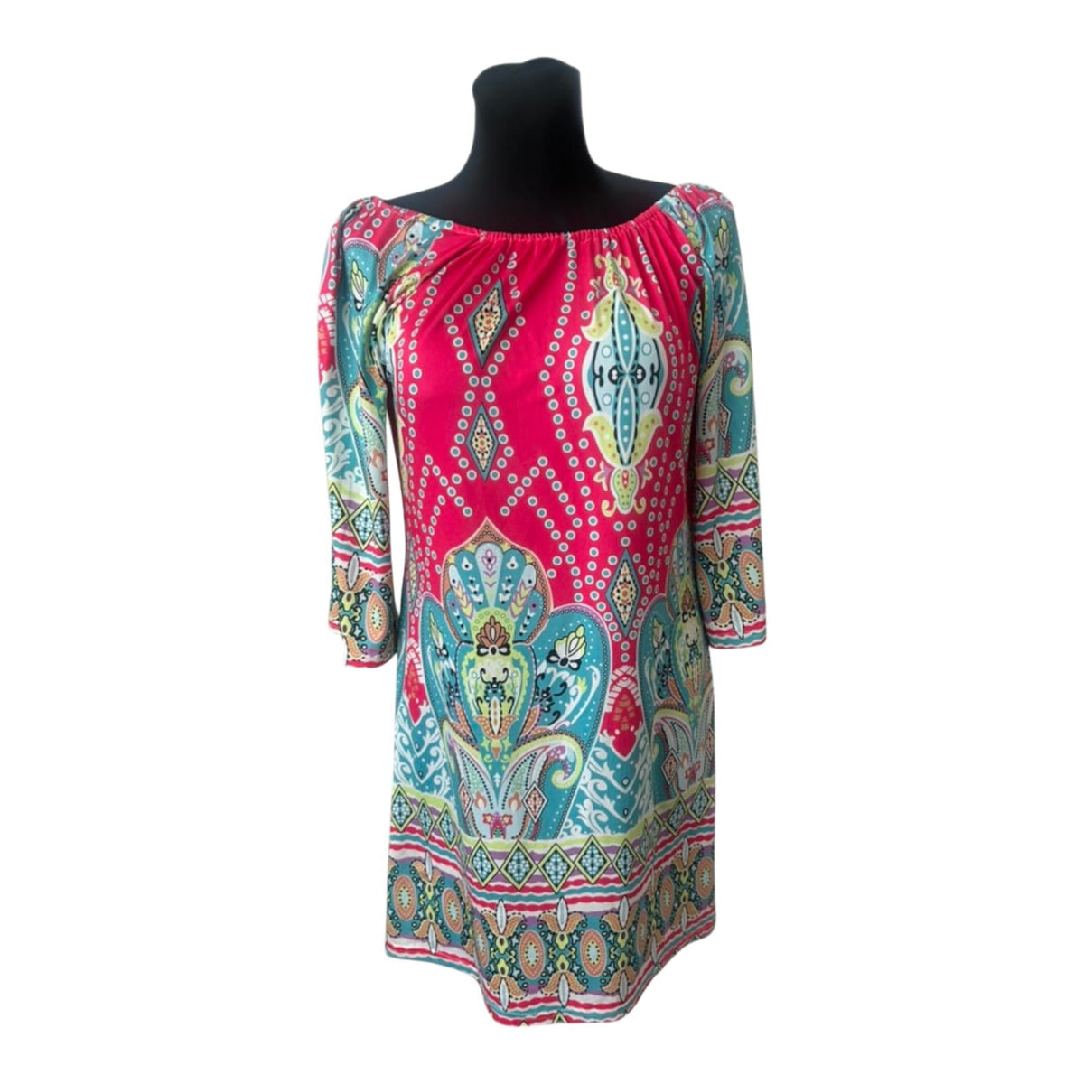 Kleid Damen Gr. 2XL Pink Türkis Paisley Tunika Sommerkleid 3/4 Arm Bunt