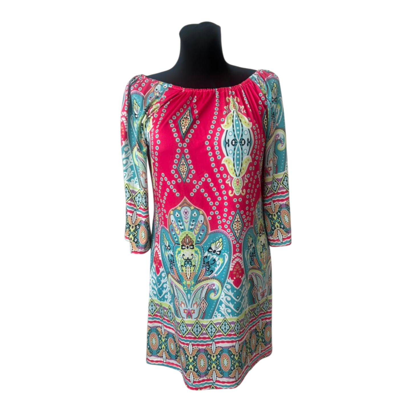 Kleid Damen Gr. 2XL Pink Türkis Paisley Tunika Sommerkleid 3/4 Arm Bunt