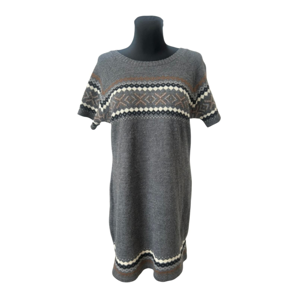Gina Benotti Strickkleid Damen Gr. 46 Grau Norwegermuster Kurzarm Winterkleid