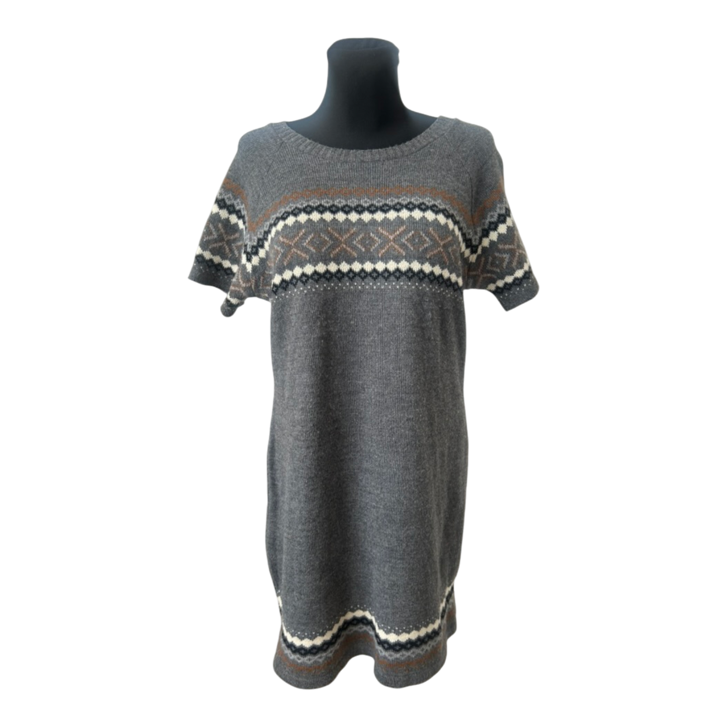 Gina Benotti Strickkleid Damen Gr. 46 Grau Norwegermuster Kurzarm Winterkleid