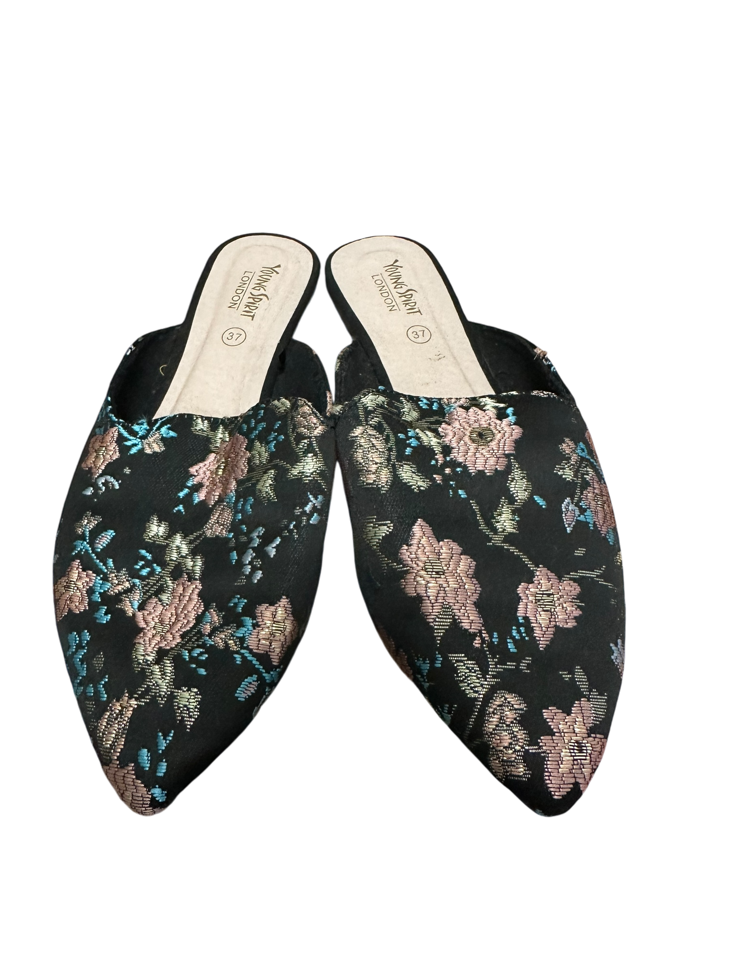 Young Spirit Mules Gr 37 Brokatmuster Schwarz Floral Elegant Sommer Hausschuh