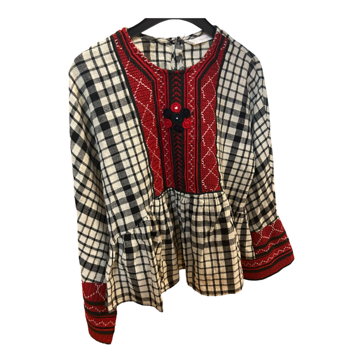 Zara Bluse M rot weiß blau Trachtenstil Karo Langarm Vintage Look Tradition Top