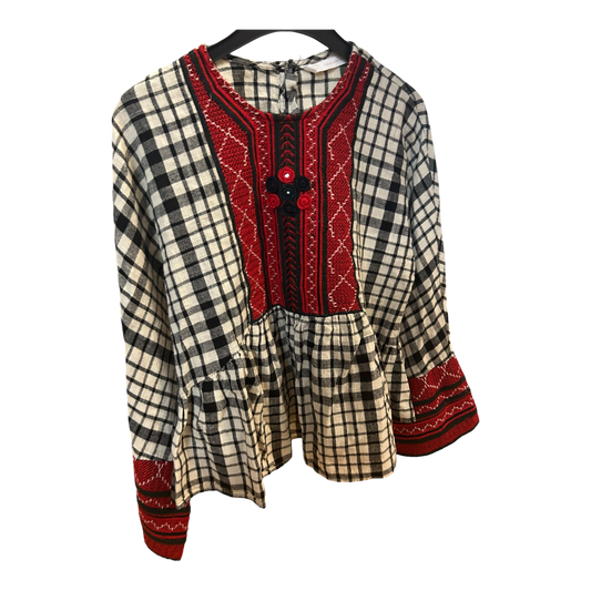Zara Bluse M rot weiß blau Trachtenstil Karo Langarm Vintage Look Tradition Top