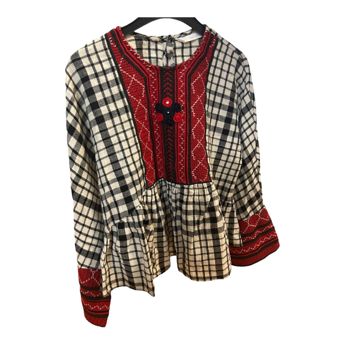 Zara Bluse M rot weiß blau Trachtenstil Karo Langarm Vintage Look Tradition Top