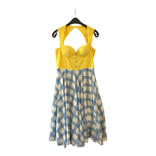 Nishe Kleid Damen Dress Damenkleid Gr. 42 Gelb Blau Streifen Muster Sommer Retro