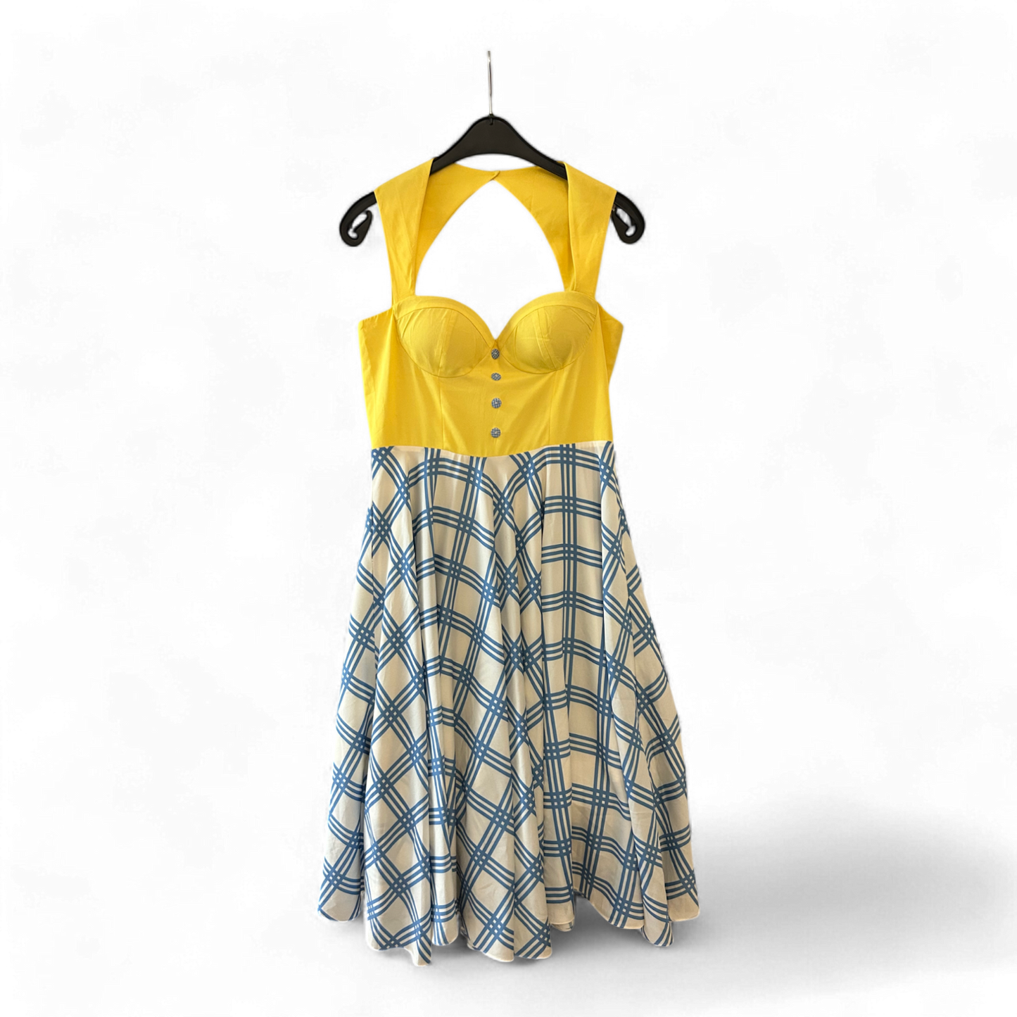 Nishe Kleid Damen Dress Damenkleid Gr. 42 Gelb Blau Streifen Muster Sommer Retro