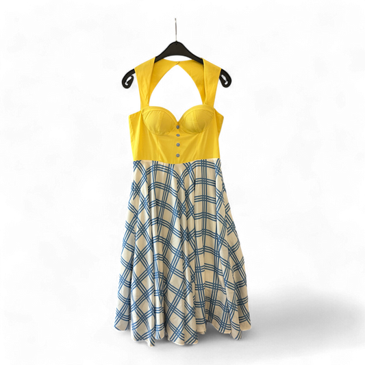 Nishe Kleid Damen Dress Damenkleid Gr. 42 Gelb Blau Streifen Muster Sommer Retro