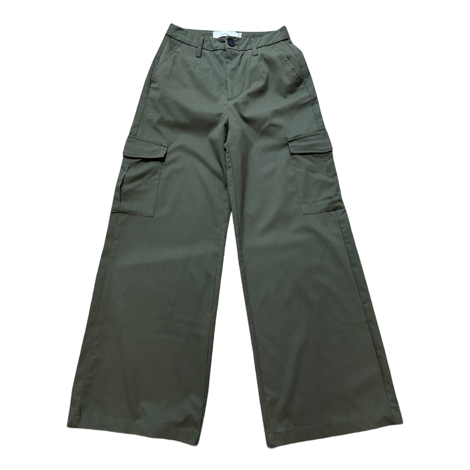 Bershka Damen Cargo-Hose Khaki weites Bein Größe 38