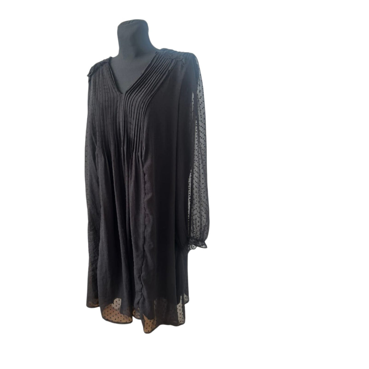 FSTVL Damen Kleid Gr. 50 Schwarz Chiffon Plissee Tupfen V-Ausschnitt Midi