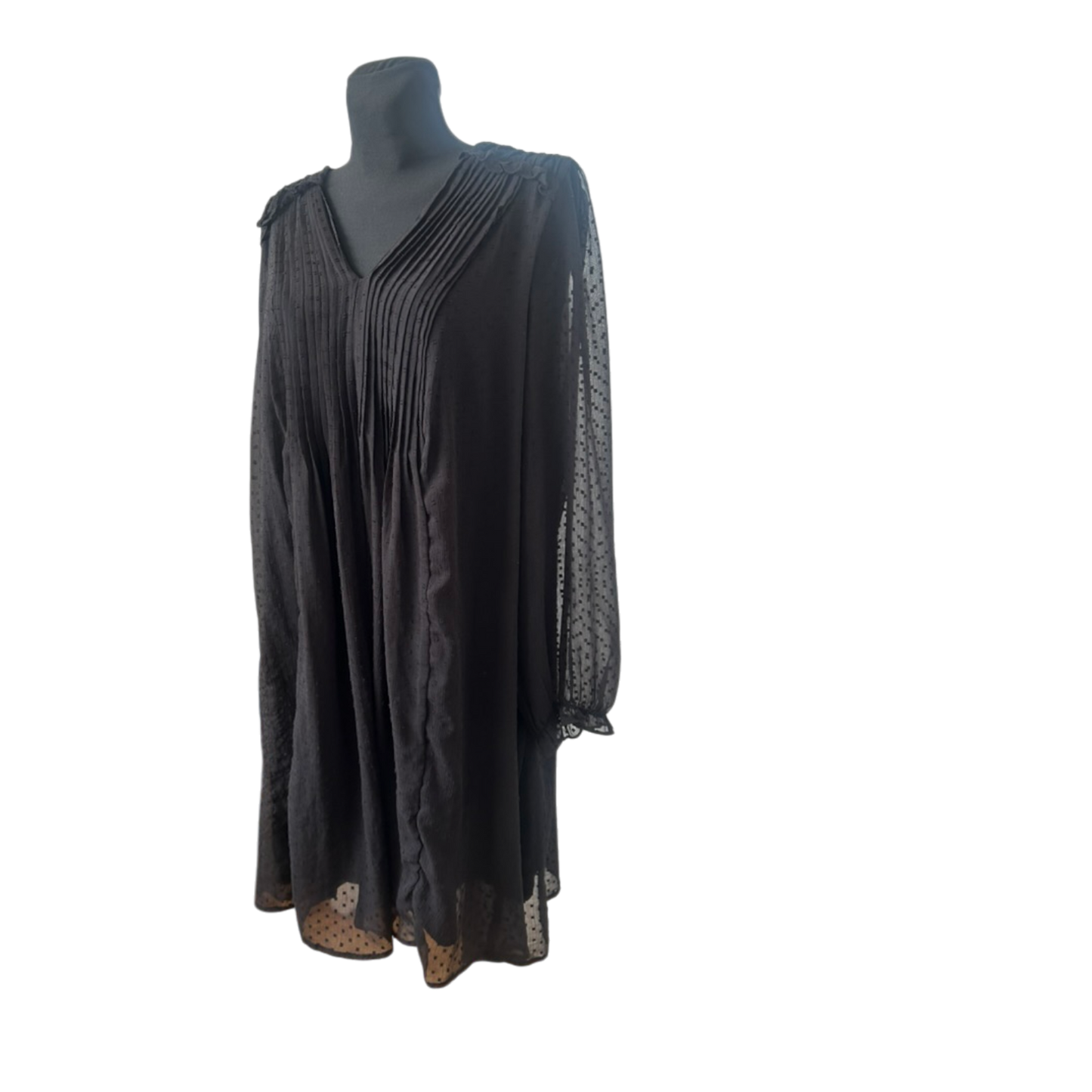 FSTVL Damen Kleid Gr. 50 Schwarz Chiffon Plissee Tupfen V-Ausschnitt Midi