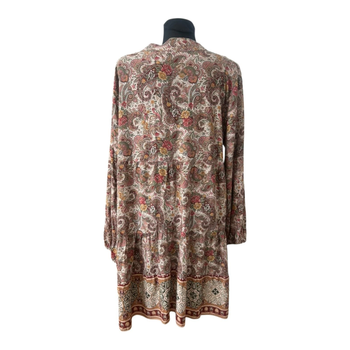 Zone One Damen Kleid Gr. 48 Paisley Boho Tunika Langarm Beige Braun Oversize