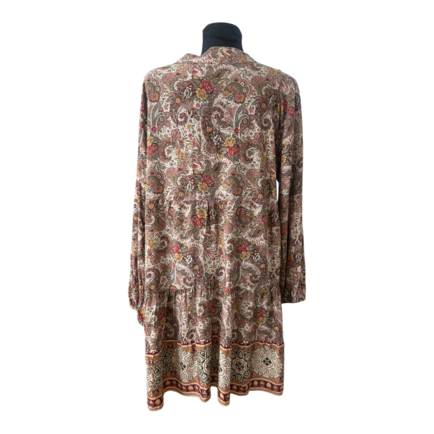 Zone One Damen Kleid Gr. 48 Paisley Boho Tunika Langarm Beige Braun Oversize