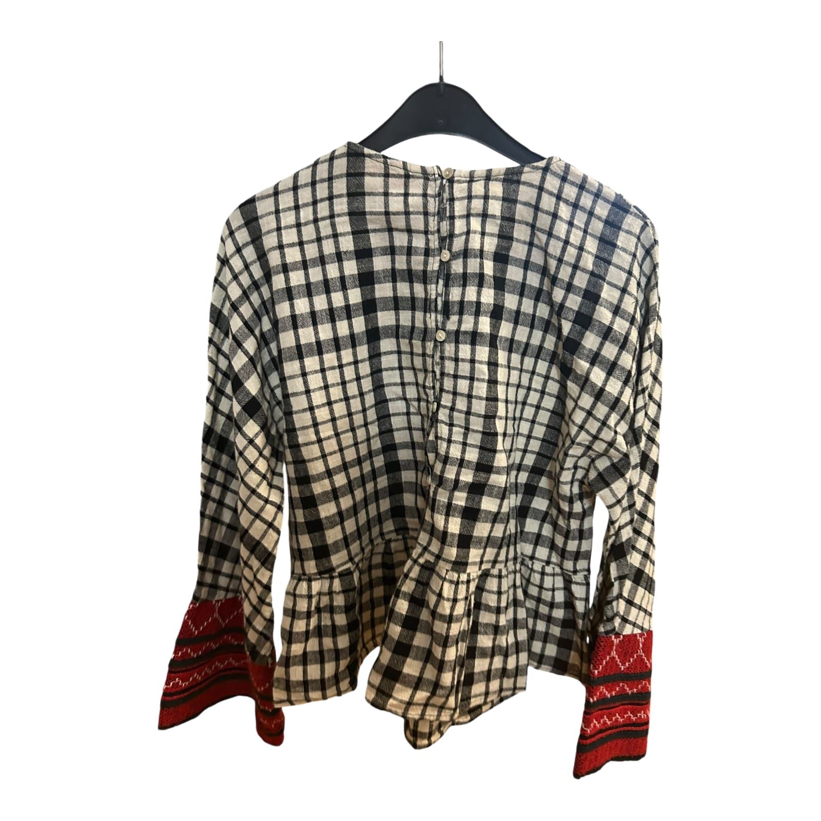 Zara Bluse M rot weiß blau Trachtenstil Karo Langarm Vintage Look Tradition Top