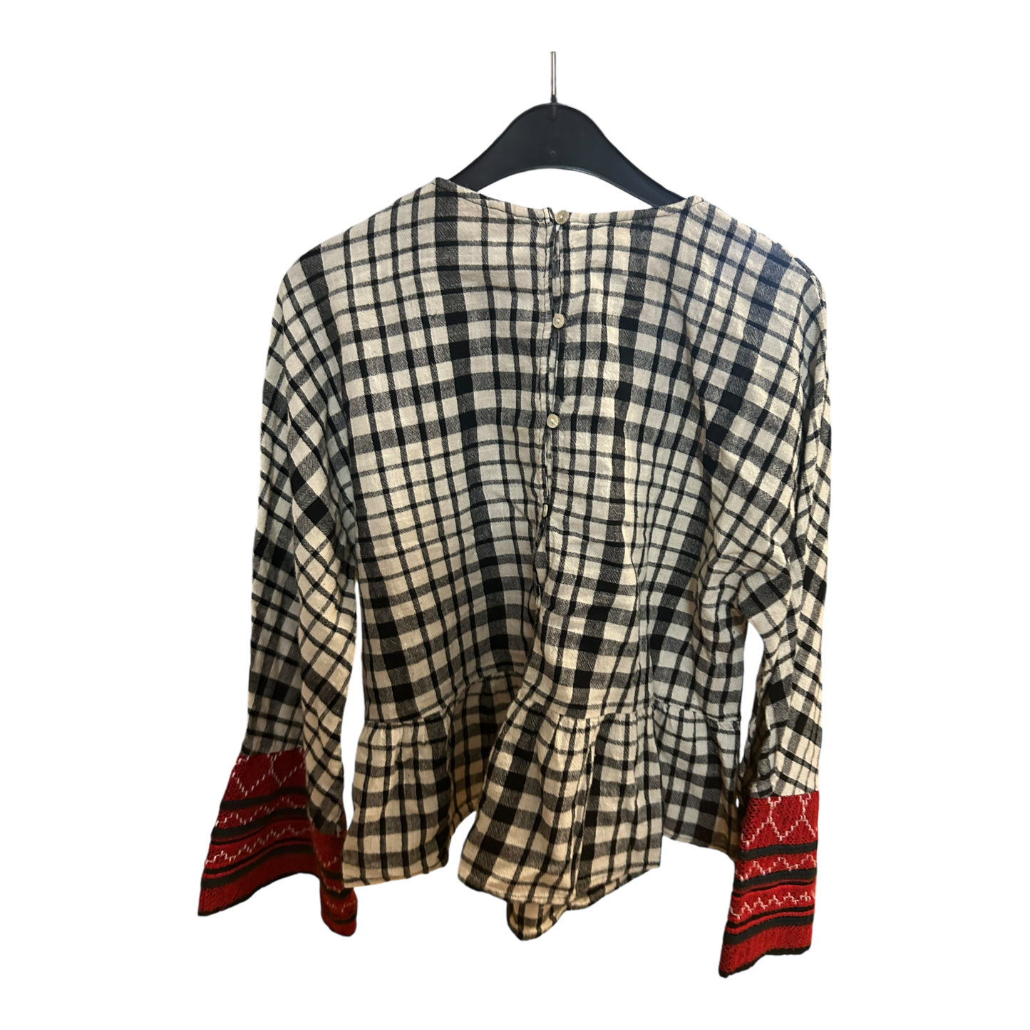 Zara Bluse M rot weiß blau Trachtenstil Karo Langarm Vintage Look Tradition Top