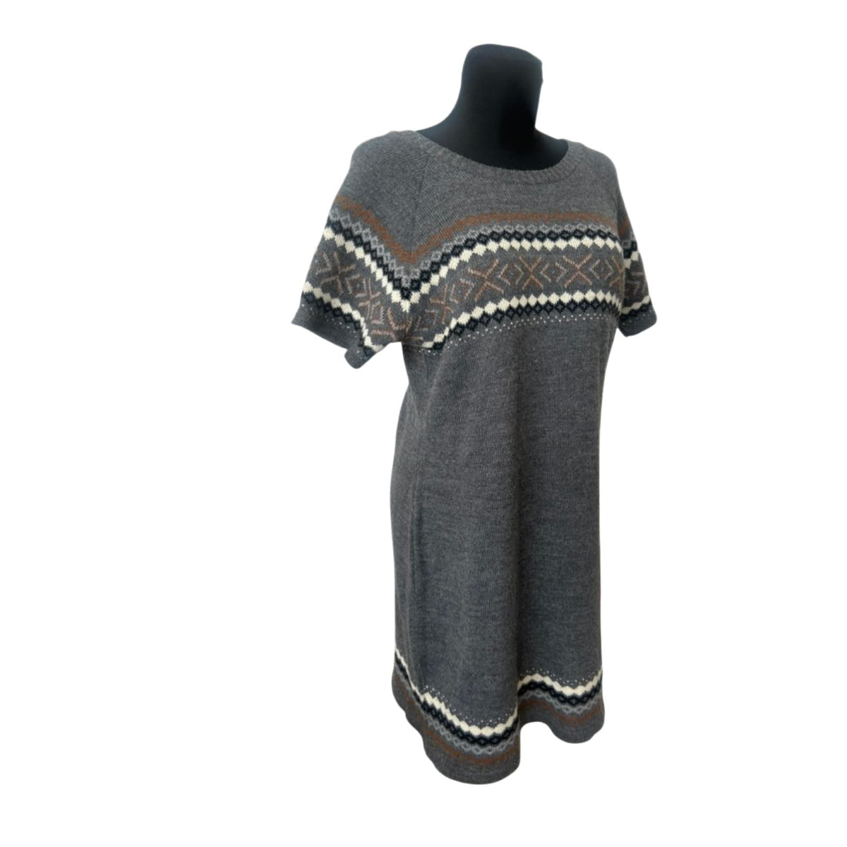 Gina Benotti Strickkleid Damen Gr. 46 Grau Norwegermuster Kurzarm Winterkleid