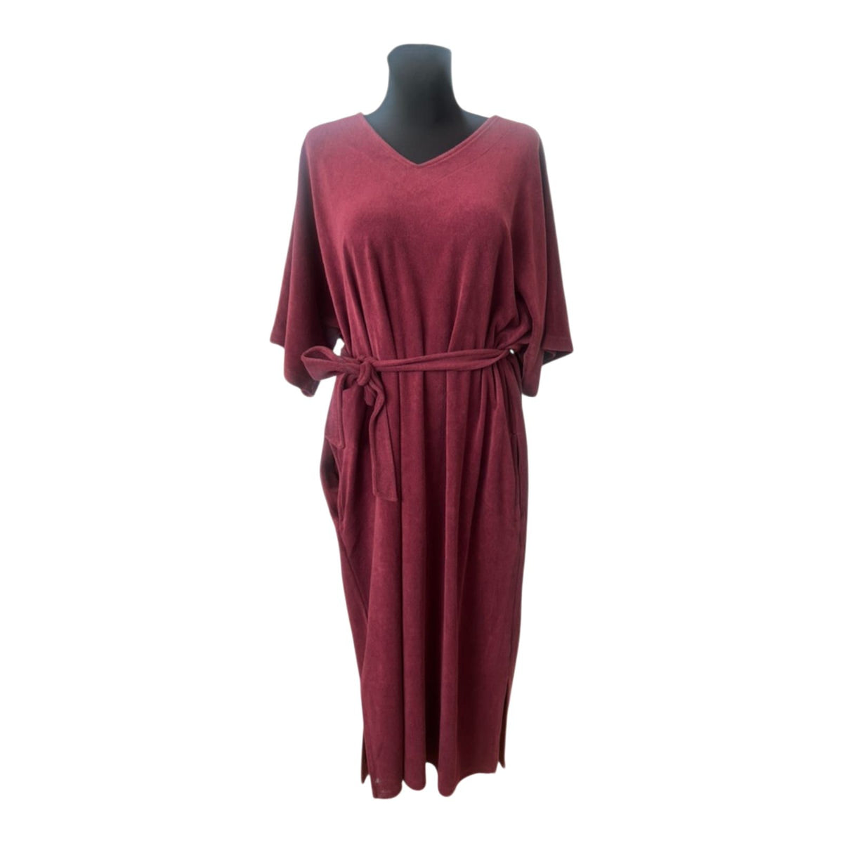 DW-Shop Damen Bademantel Gr. 44 46 Bordeaux Reinschlüpf Bademantel Gürtel Baumwolle