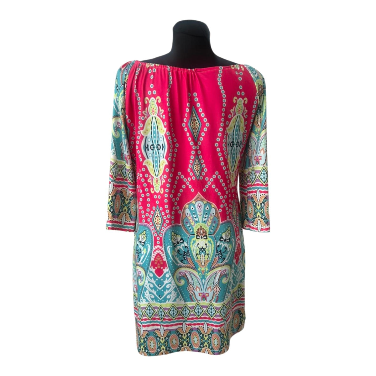 Kleid Damen Gr. 2XL Pink Türkis Paisley Tunika Sommerkleid 3/4 Arm Bunt