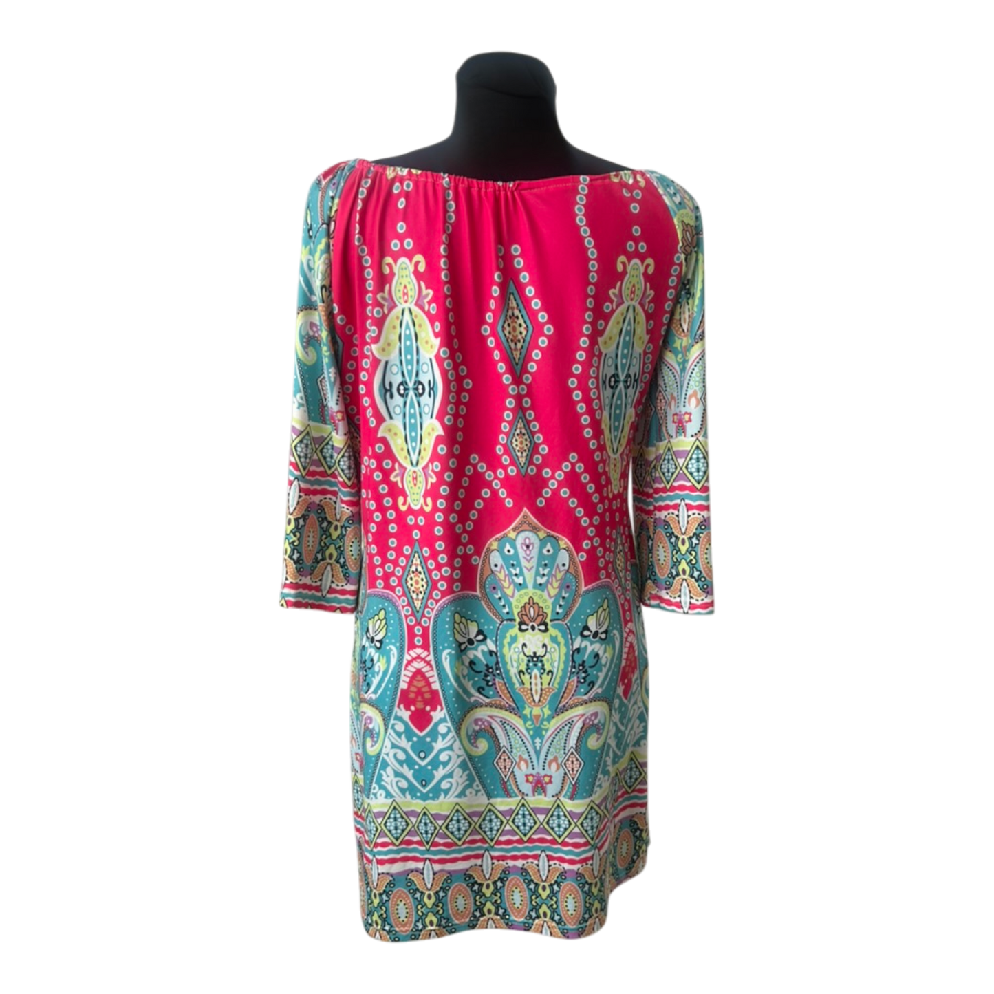 Kleid Damen Gr. 2XL Pink Türkis Paisley Tunika Sommerkleid 3/4 Arm Bunt
