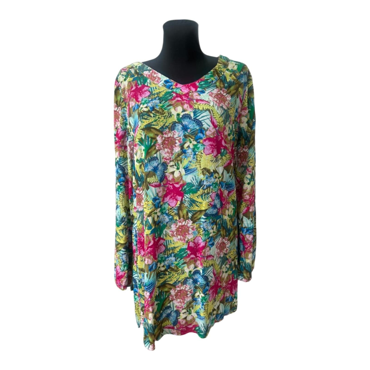 UP2 Fashion Kleid Damen Gr. 44 Bunt Blumen Tropical Langarm Tunika Freizeit