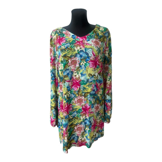 UP2 Fashion Kleid Damen Gr. 44 Bunt Blumen Tropical Langarm Tunika Freizeit