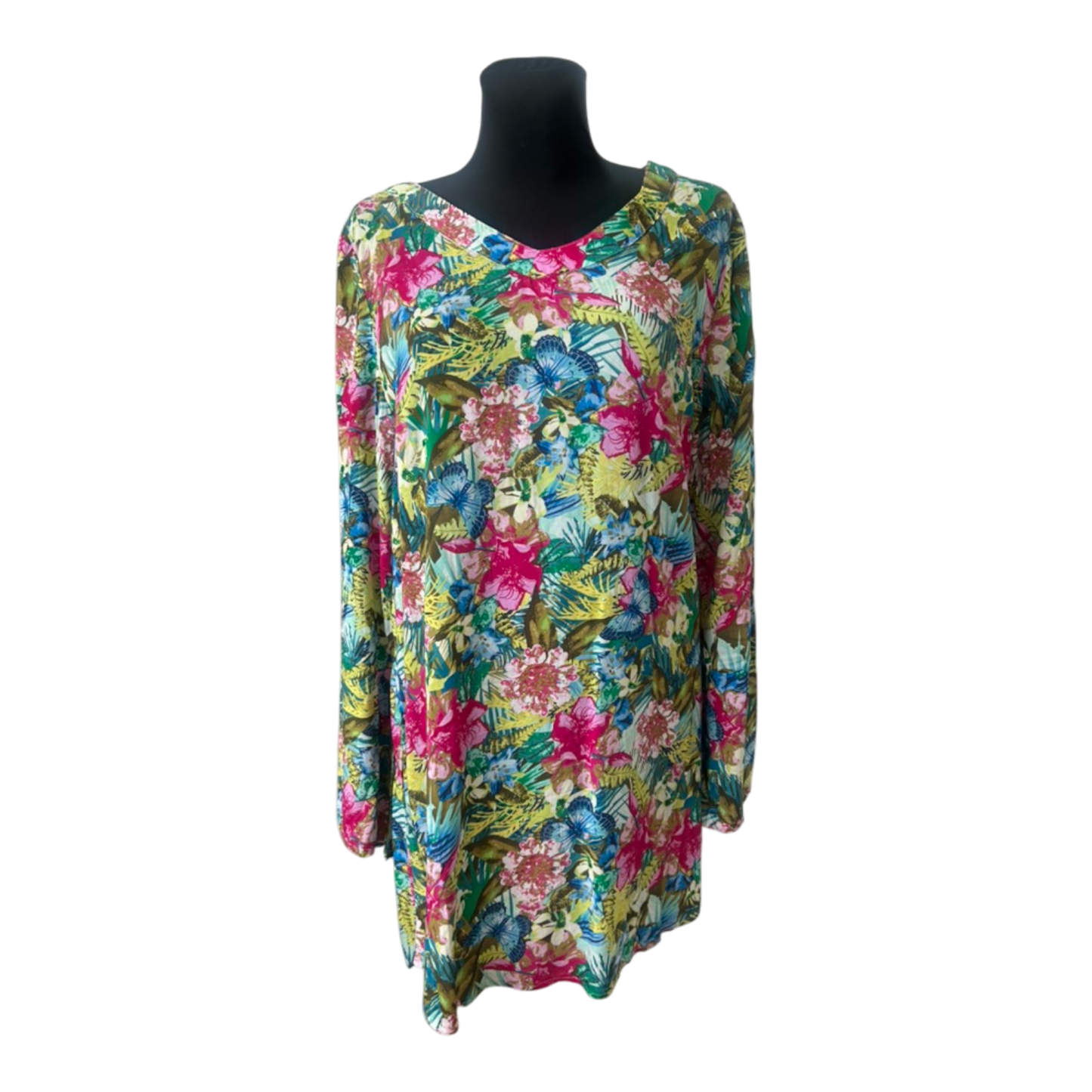 UP2 Fashion Kleid Damen Gr. 44 Bunt Blumen Tropical Langarm Tunika Freizeit