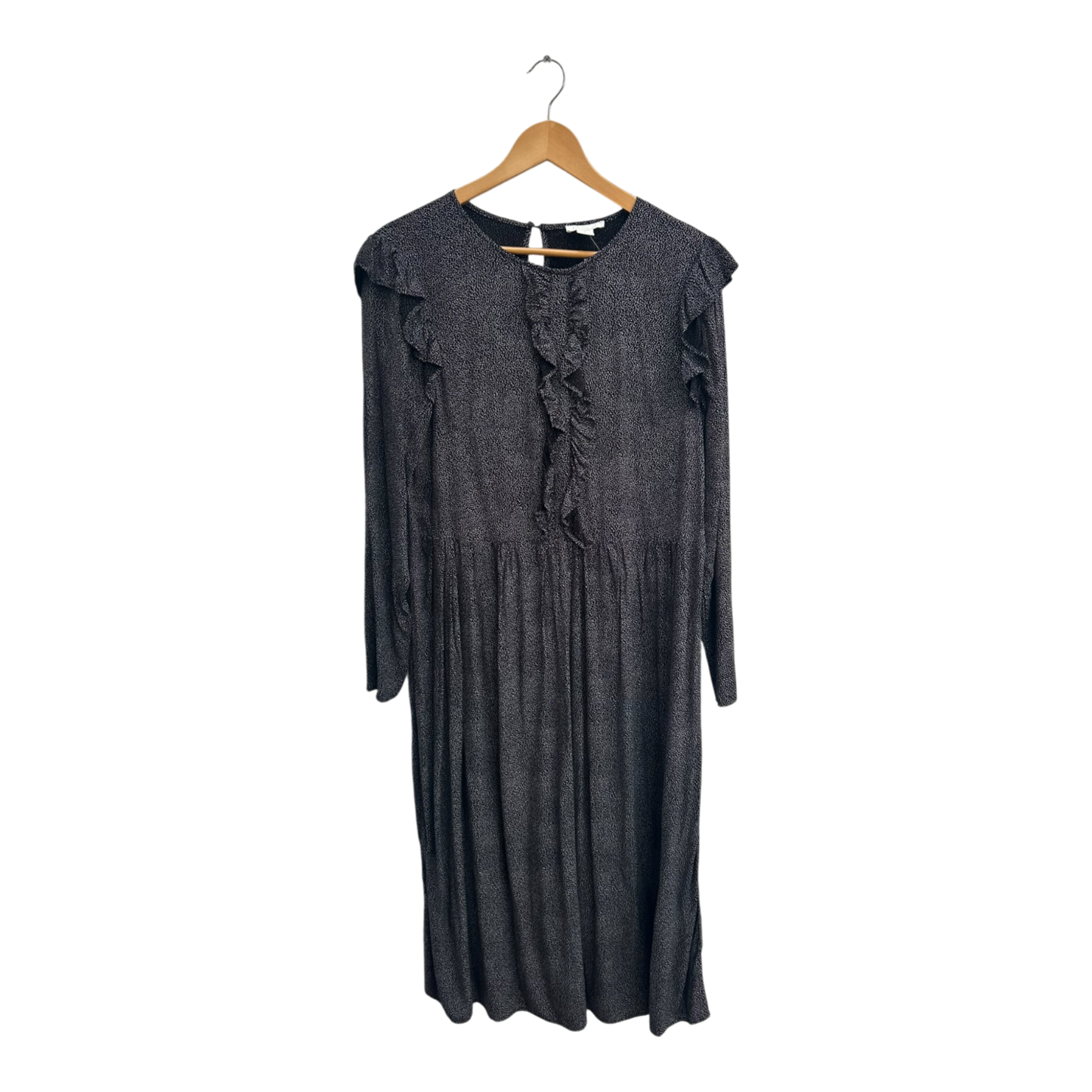 H&M Kleid Damen Dress Damenkleid Gr 42 Schwarz Volants Viskose Elegant Midi