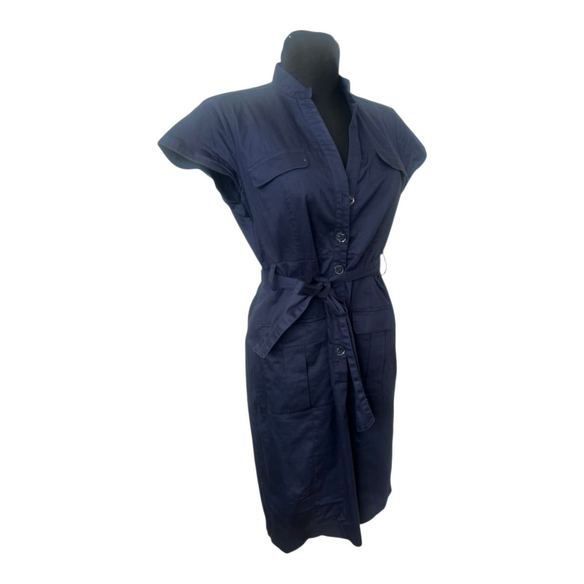 H&M Damen Hemdblusenkleid Gr. 44 Dunkelblau Baumwolle Gürtel Knopfleiste Midi