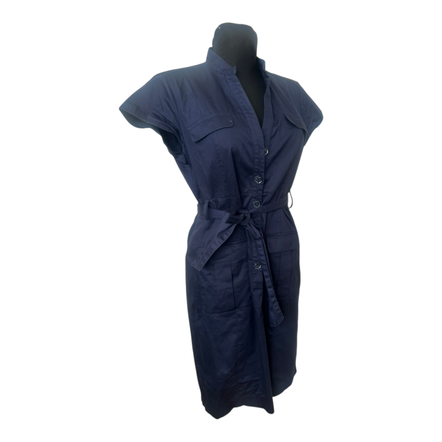 H&M Damen Hemdblusenkleid Gr. 44 Dunkelblau Baumwolle Gürtel Knopfleiste Midi