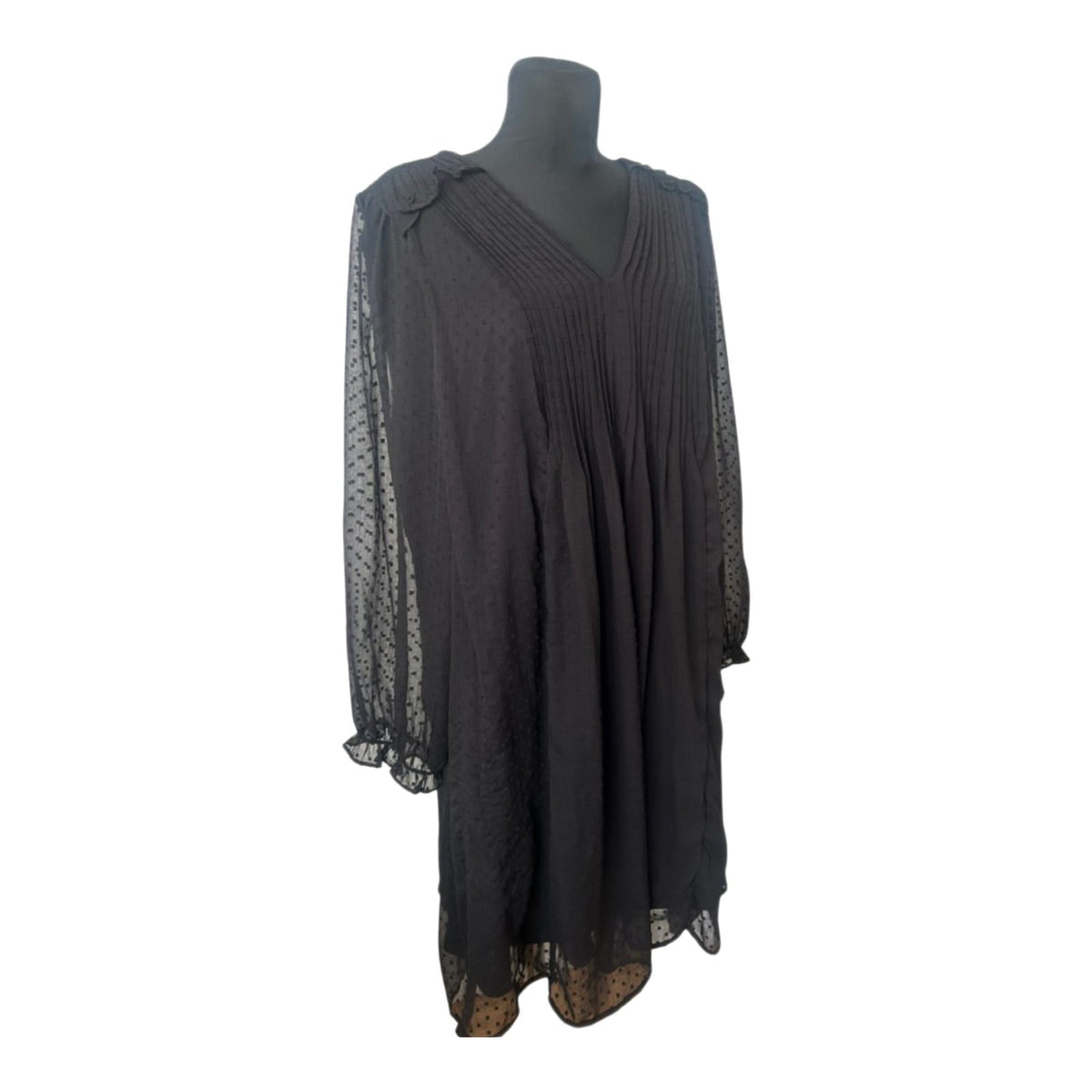 FSTVL Damen Kleid Gr. 50 Schwarz Chiffon Plissee Tupfen V-Ausschnitt Midi