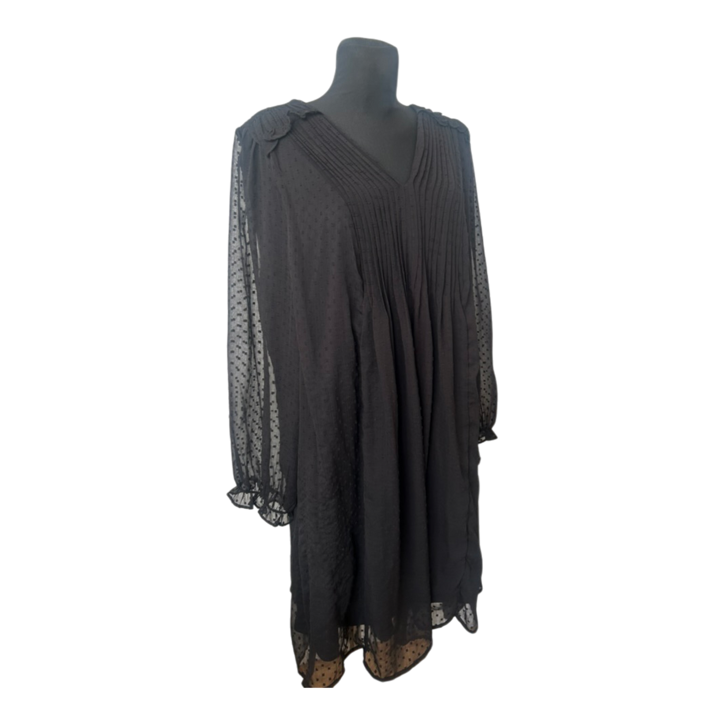 FSTVL Damen Kleid Gr. 50 Schwarz Chiffon Plissee Tupfen V-Ausschnitt Midi