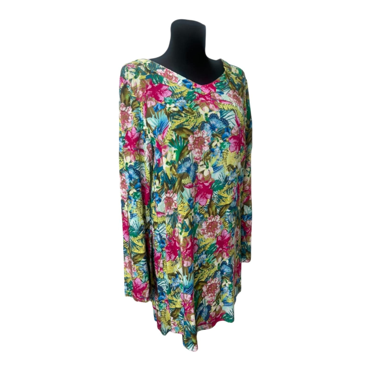 UP2 Fashion Kleid Damen Gr. 44 Bunt Blumen Tropical Langarm Tunika Freizeit