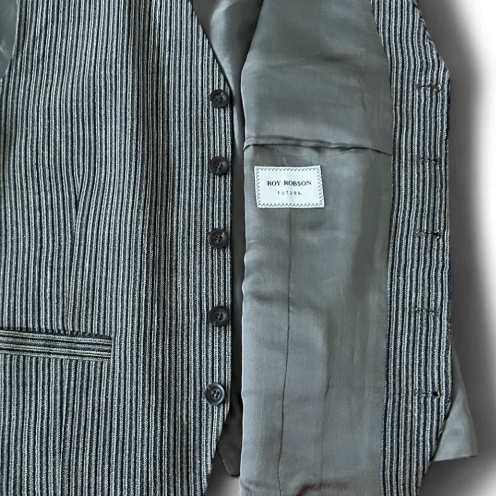 Roy Robson Weste Herren Gr 50 Taupe Nadelstreifen Schurwolle Leinen