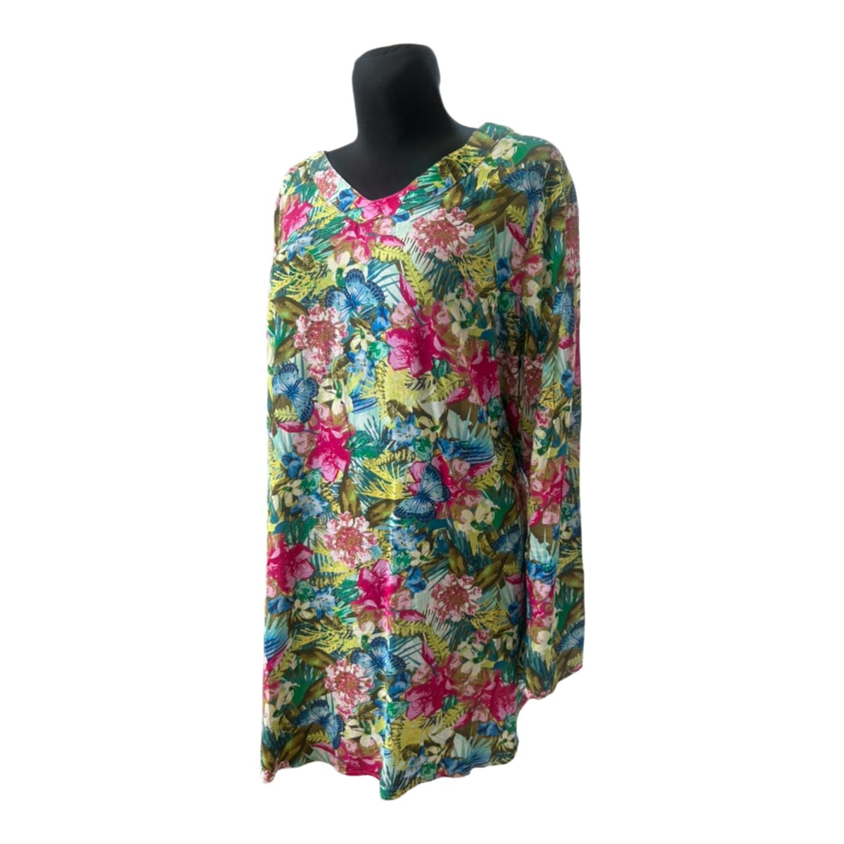 UP2 Fashion Kleid Damen Gr. 44 Bunt Blumen Tropical Langarm Tunika Freizeit