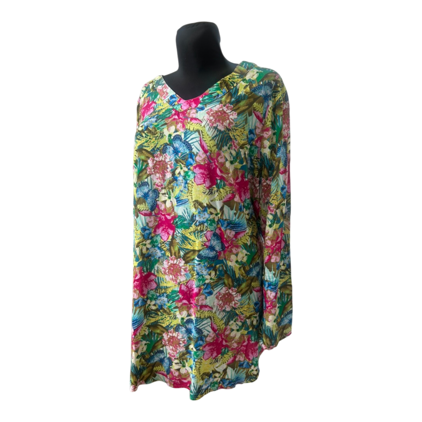 UP2 Fashion Kleid Damen Gr. 44 Bunt Blumen Tropical Langarm Tunika Freizeit