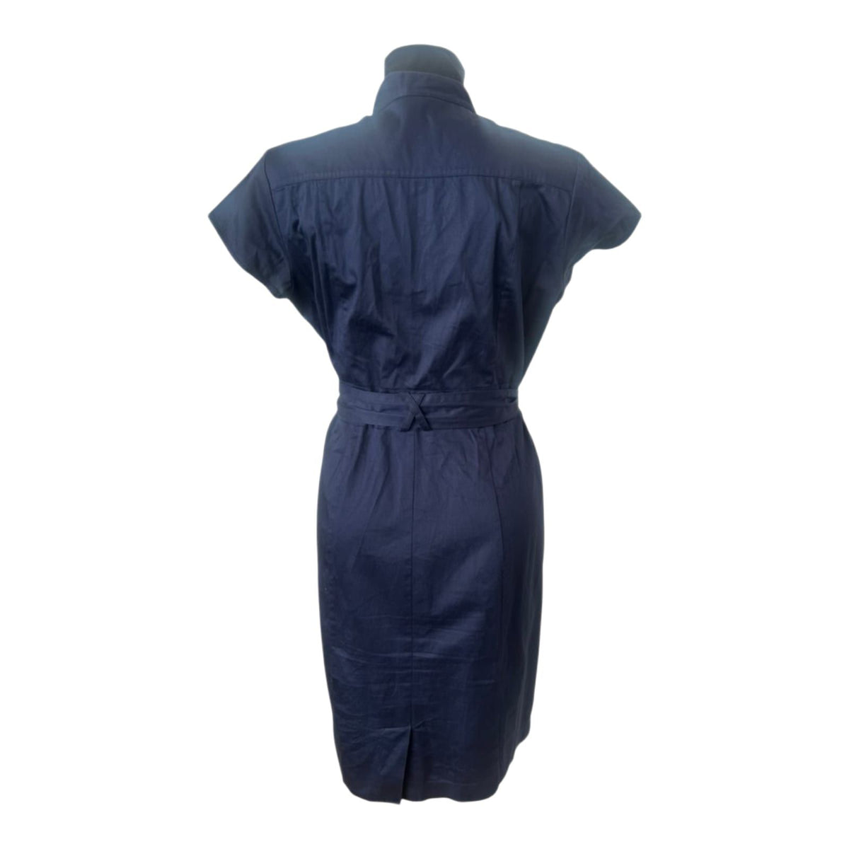 H&M Damen Hemdblusenkleid Gr. 44 Dunkelblau Baumwolle Gürtel Knopfleiste Midi
