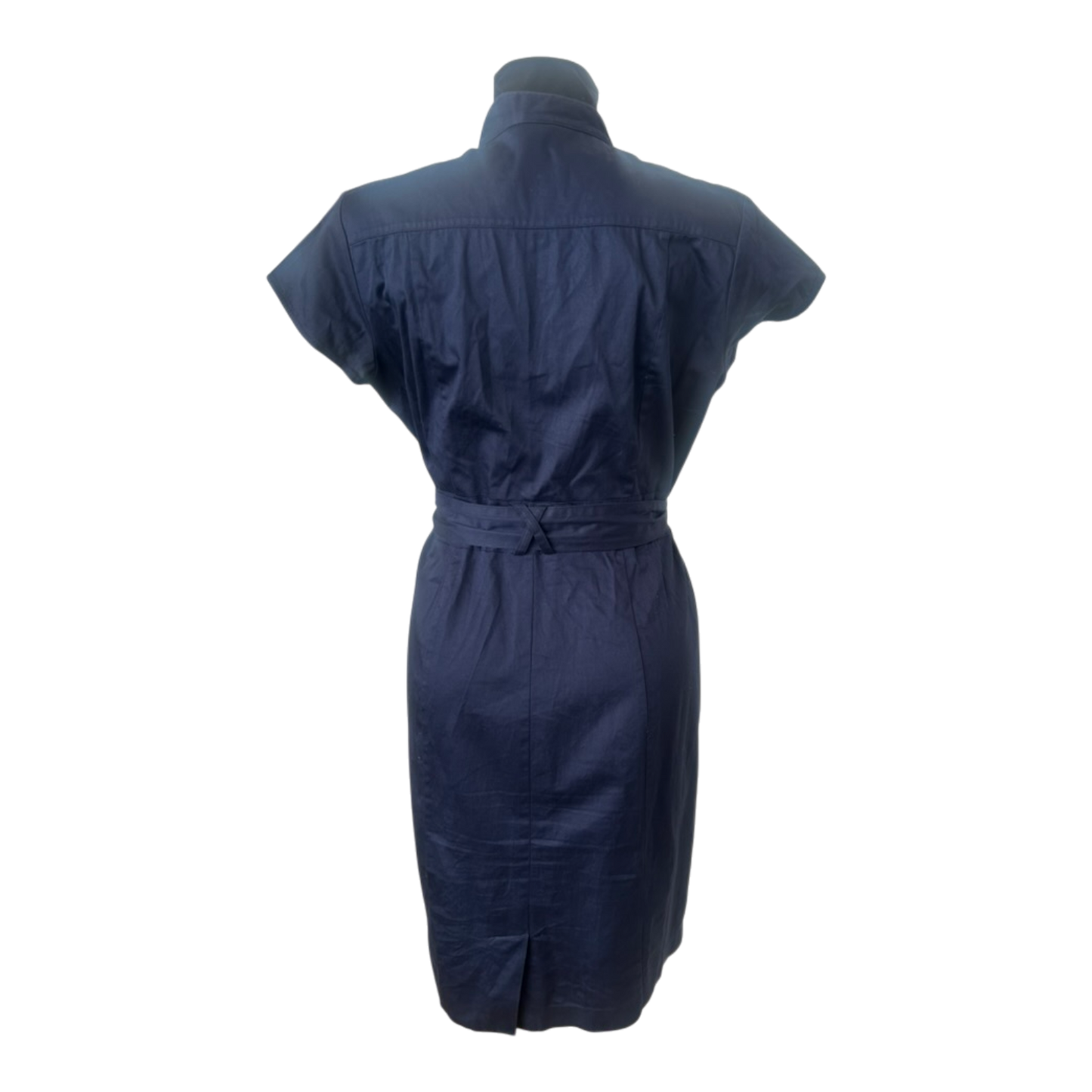 H&M Damen Hemdblusenkleid Gr. 44 Dunkelblau Baumwolle Gürtel Knopfleiste Midi