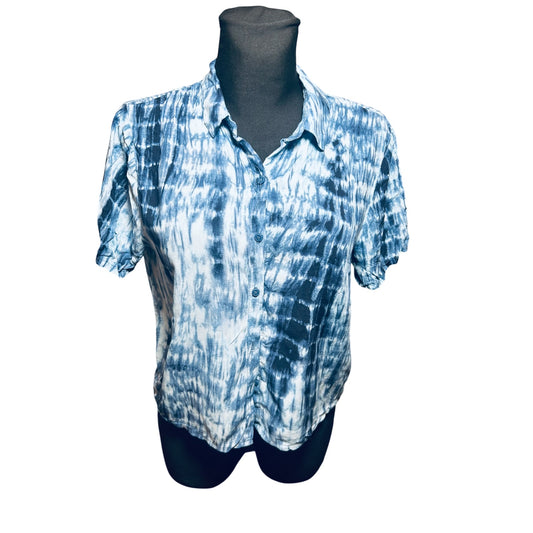 Pull&Bear Damen Bluse Kurzarm Batik Blau Weiß Sommer Casual Gr L