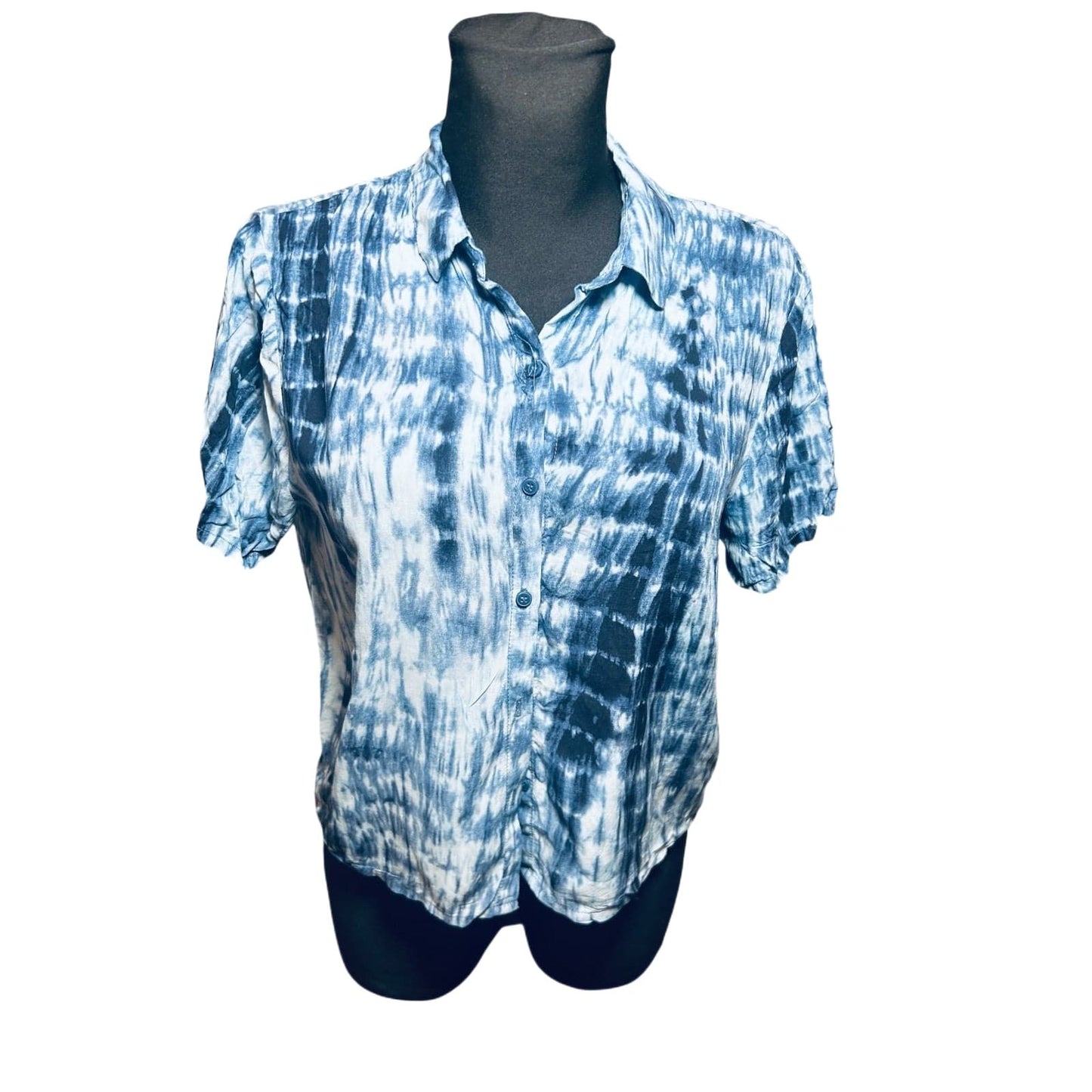 Pull&Bear Damen Bluse Kurzarm Batik Blau Weiß Sommer Casual Gr L
