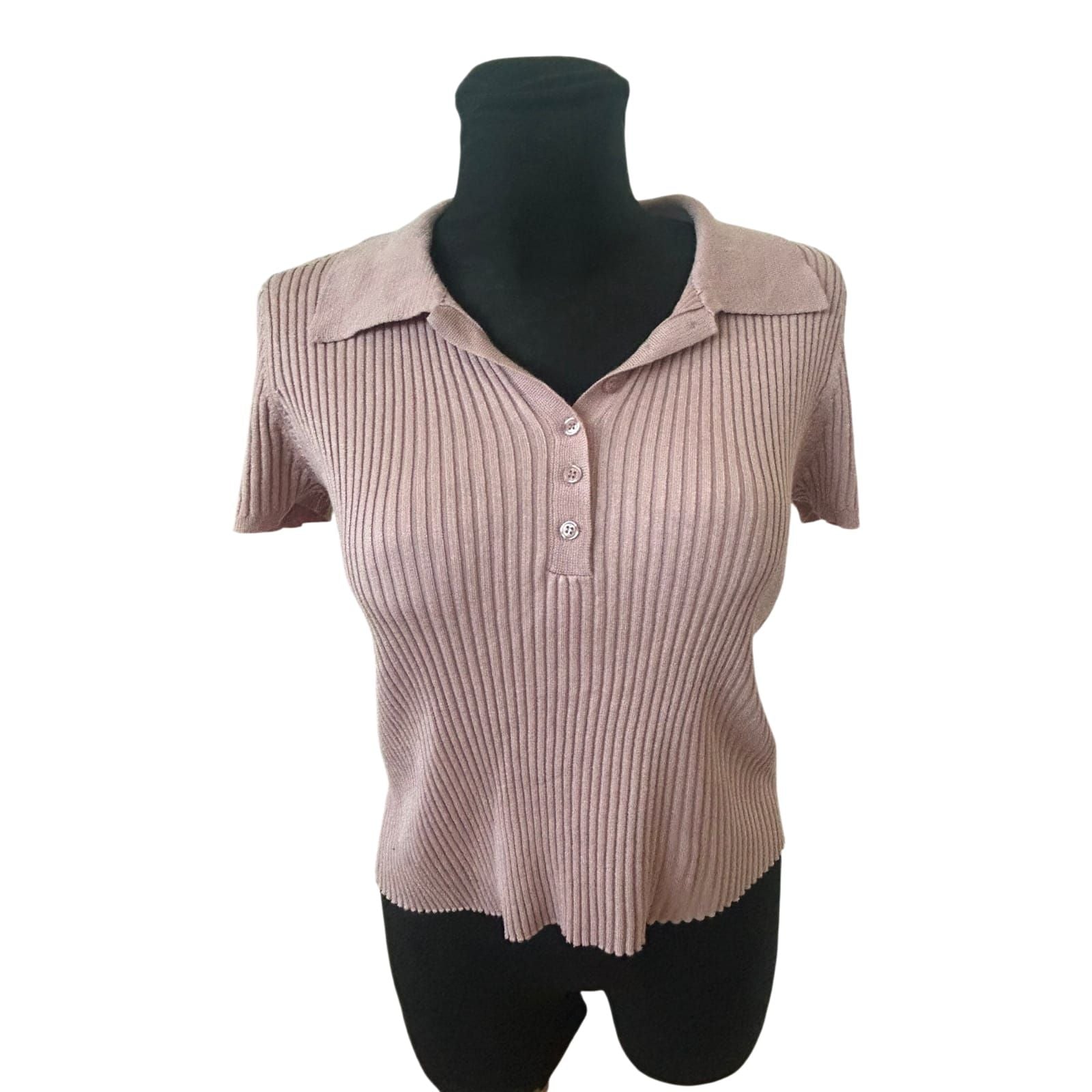 Calvin Klein Pullover Kurzarm Damen Gr M Rosa Gerippt NEU Kragen Elegant