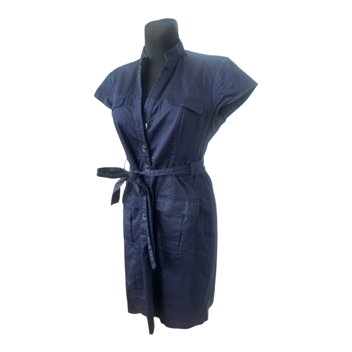 H&M Damen Hemdblusenkleid Gr. 44 Dunkelblau Baumwolle Gürtel Knopfleiste Midi